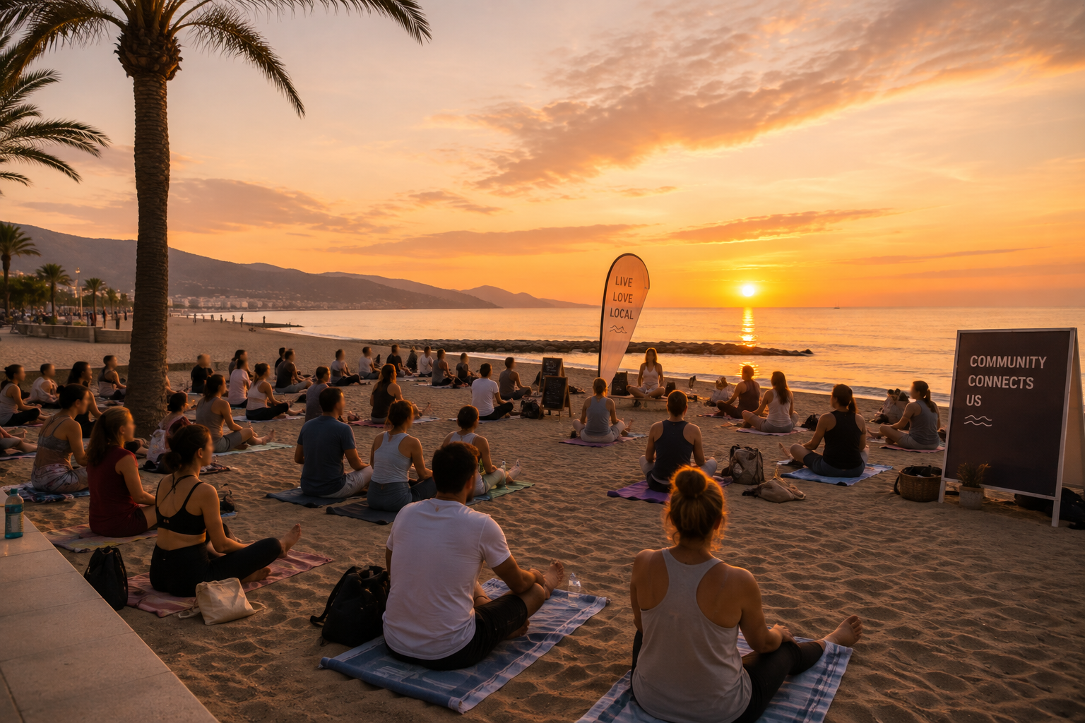 Actividad de playa o evento comunitario al atardecer